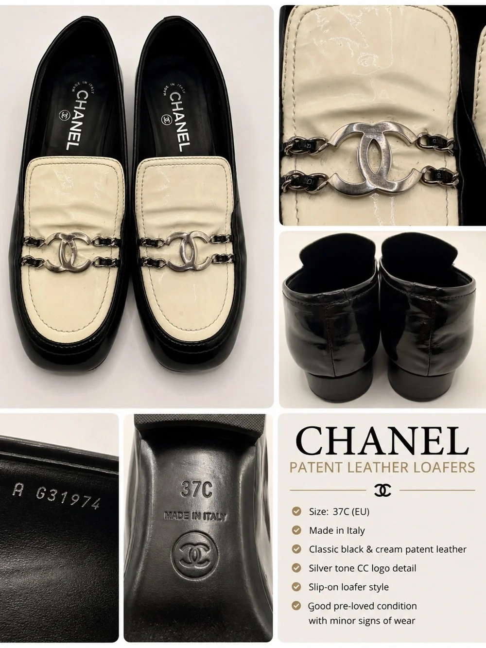 CHANEL Black & Cream Patent Leather CC-Logo Slip-On Loafers